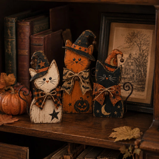 Vintage Halloween Witch Cat Decor Trio | Cozy Farmhouse Set