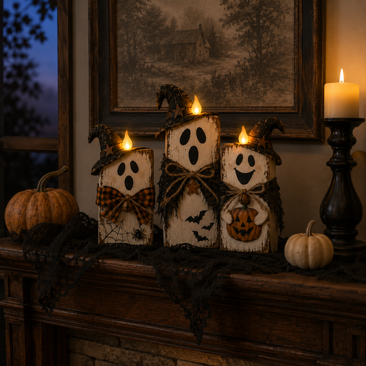 Lighted Vintage Wooden Ghost Decor Set of 3 with Remote Control