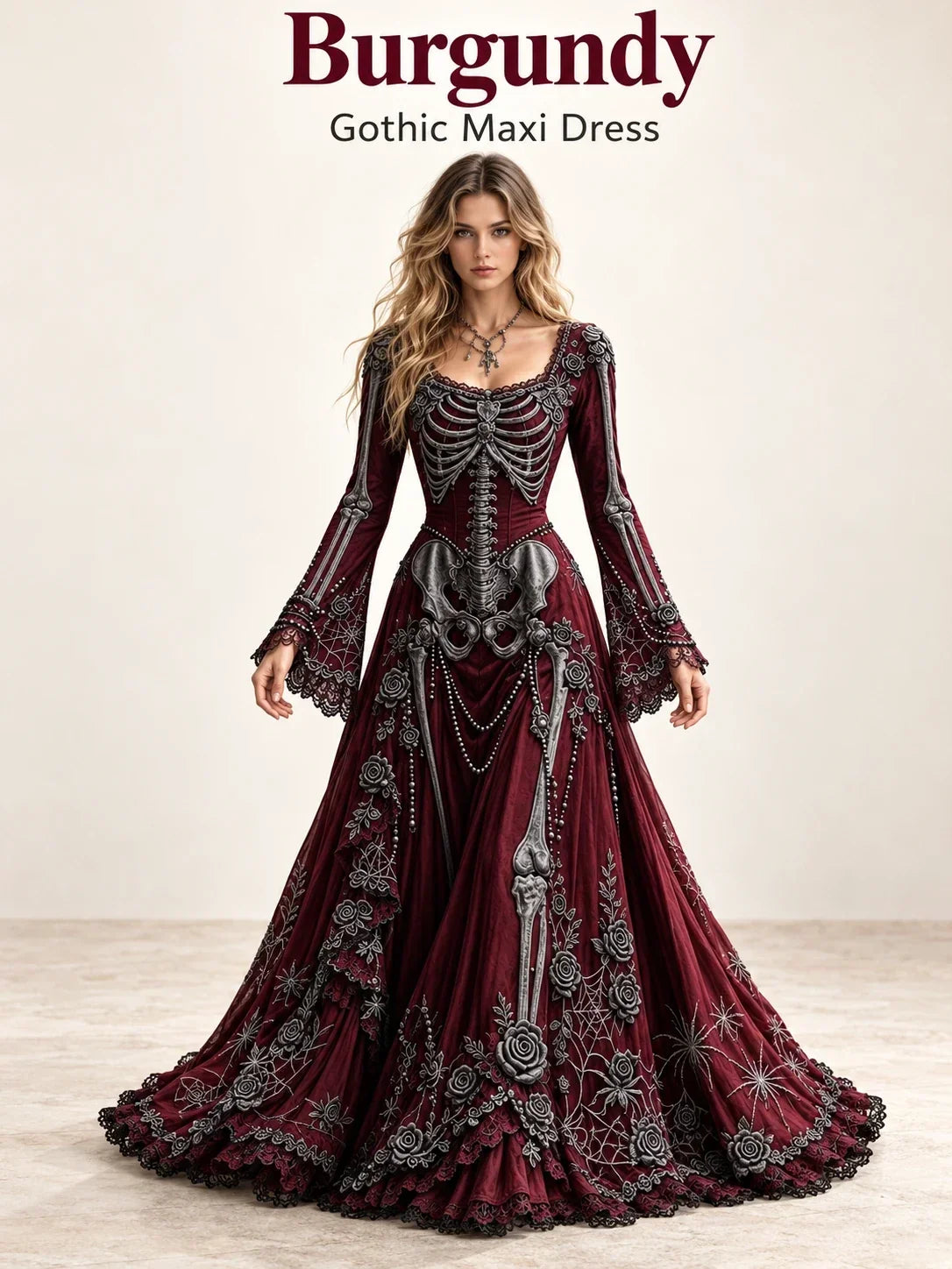 🕸️ Gothic Skeleton Maxi Dress – Dramatic Bell Sleeves & Halloween Elegance 🖤