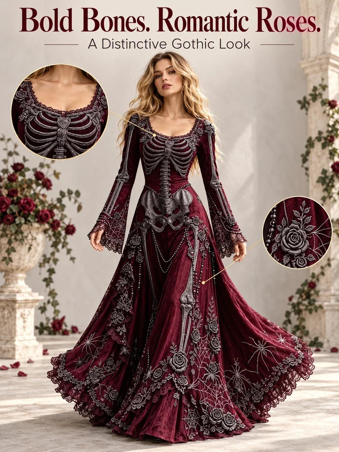 🕸️ Gothic Skeleton Maxi Dress – Dramatic Bell Sleeves & Halloween Elegance 🖤