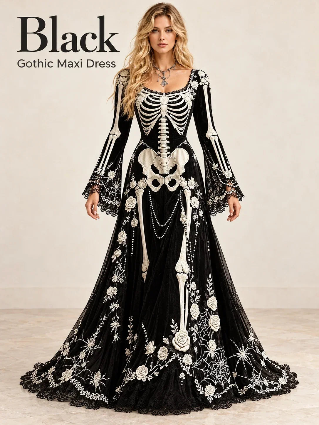 🕸️ Gothic Skeleton Maxi Dress – Dramatic Bell Sleeves & Halloween Elegance 🖤
