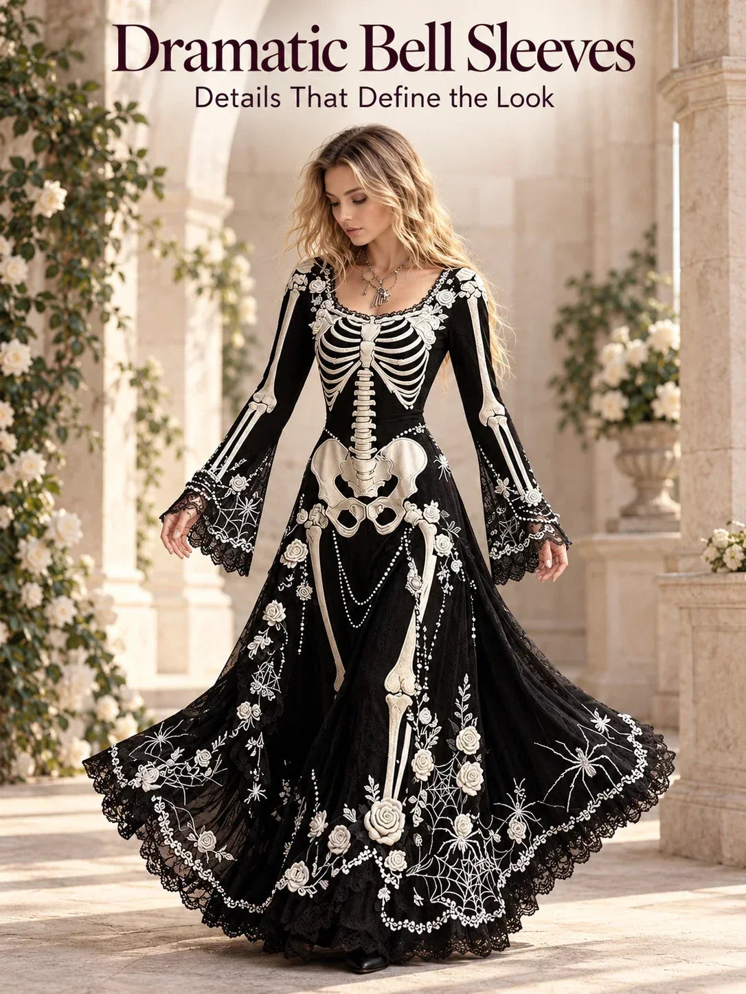 🕸️ Gothic Skeleton Maxi Dress – Dramatic Bell Sleeves & Halloween Elegance 🖤
