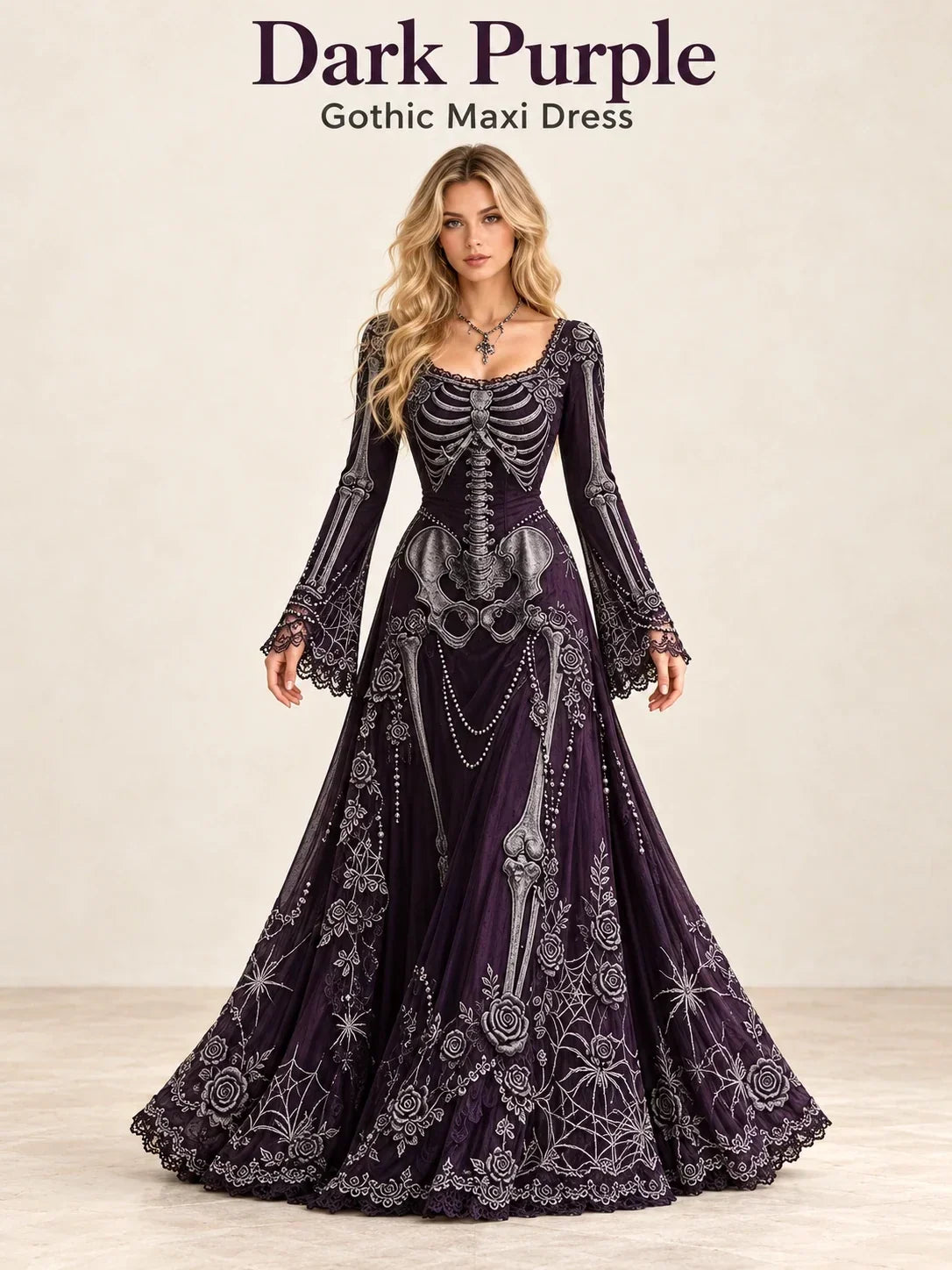 🕸️ Gothic Skeleton Maxi Dress – Dramatic Bell Sleeves & Halloween Elegance 🖤