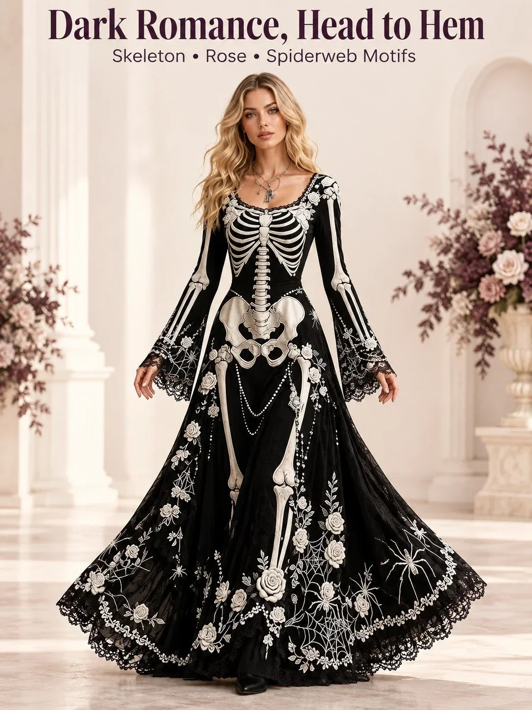 🕸️ Gothic Skeleton Maxi Dress – Dramatic Bell Sleeves & Halloween Elegance 🖤