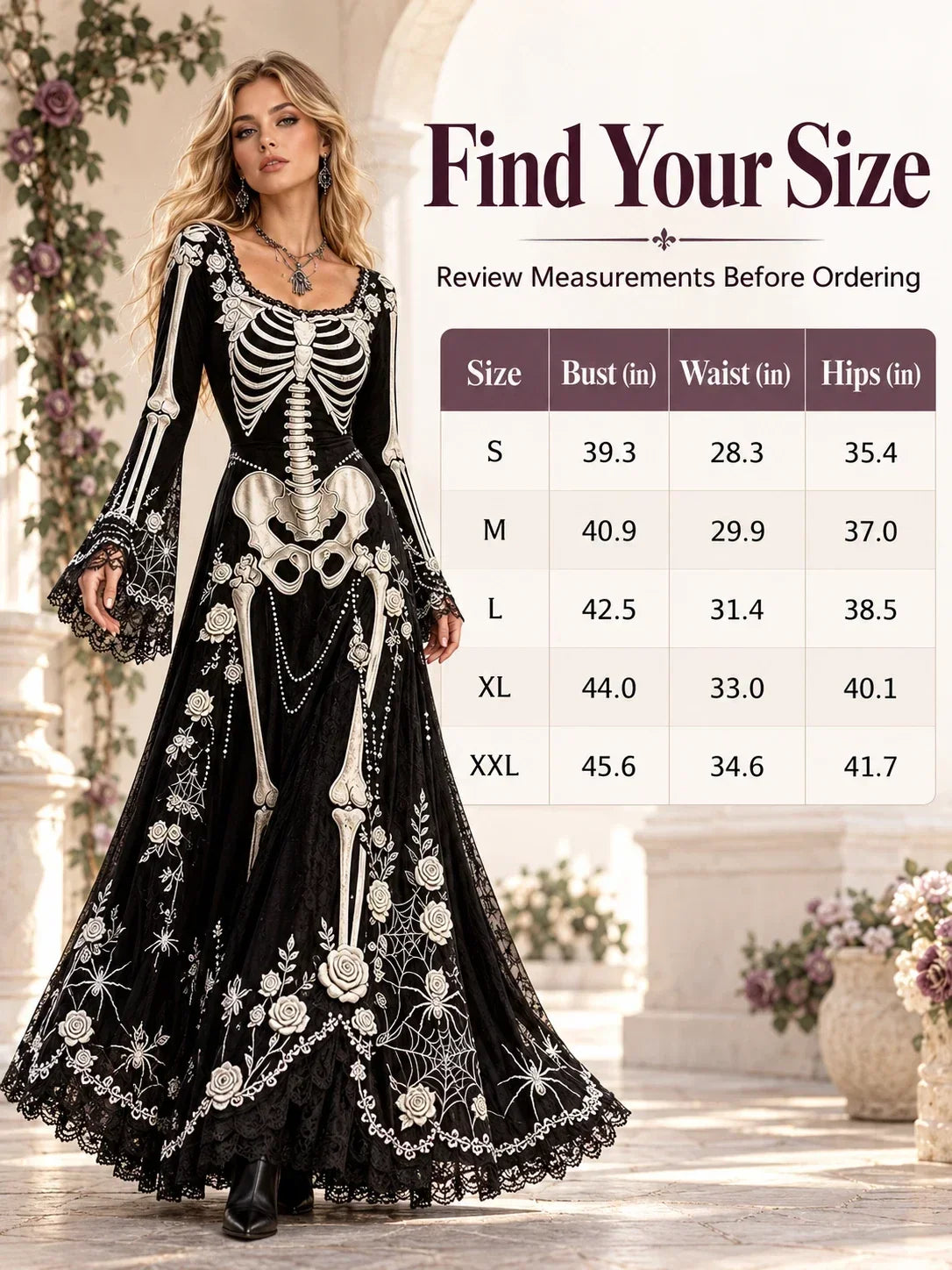 🕸️ Gothic Skeleton Maxi Dress – Dramatic Bell Sleeves & Halloween Elegance 🖤