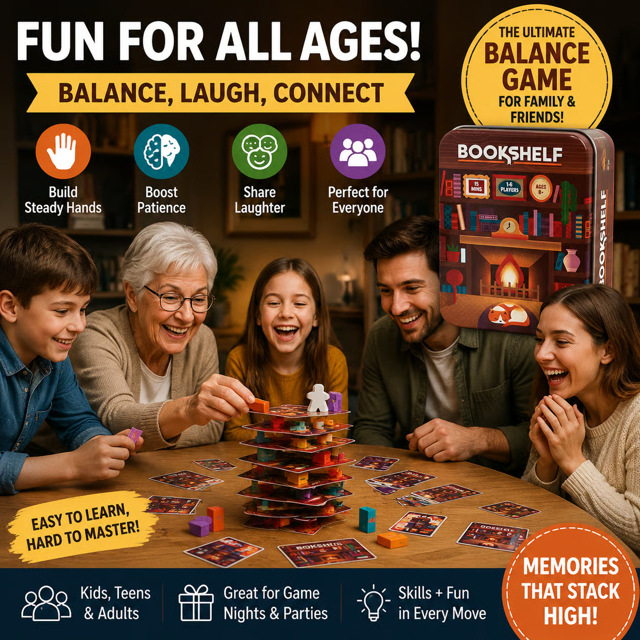 Bookshelf Cooperative Stacking Game