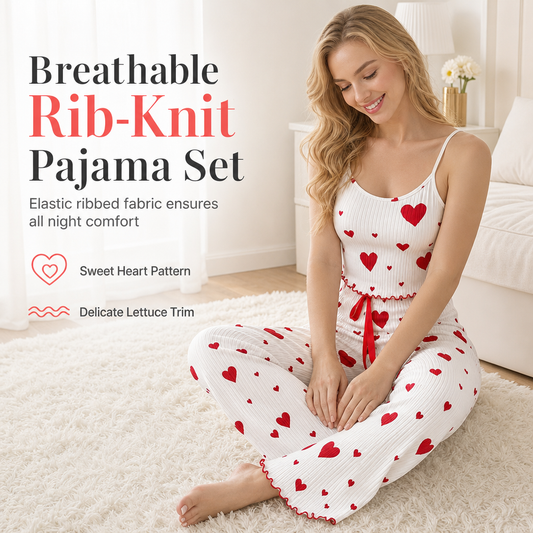 🧸Womens 2 Piece Ribbed Pajama Set Heart Print Camisole Top and Long Pants Loungewear🏡